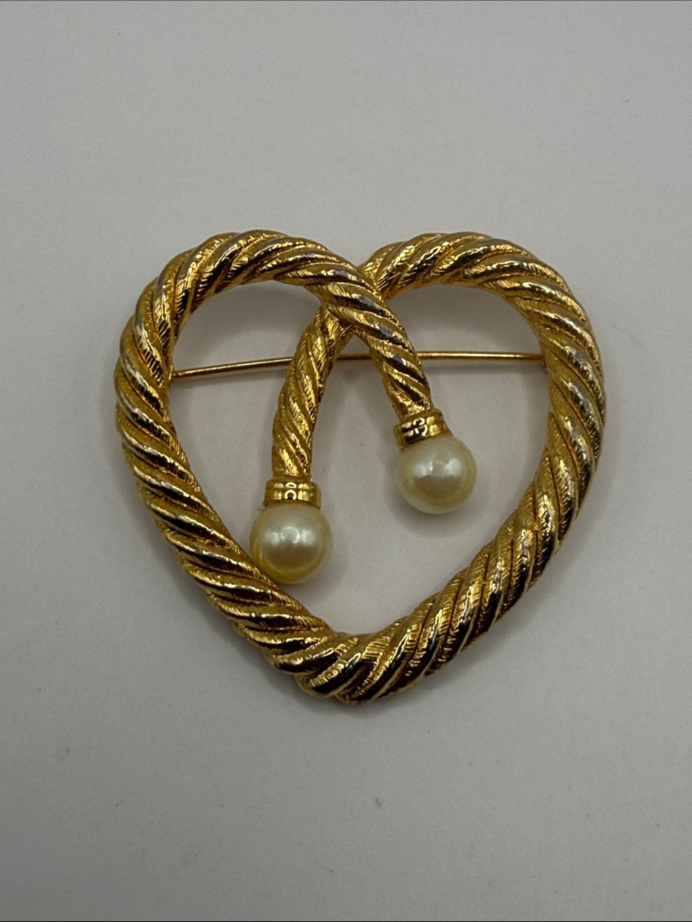 Vintage Gold Tone Faux Pearl Heart Large Statement Brooch Pin